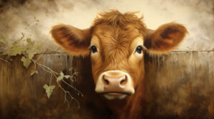 Curious eyed brown cow gazes warmly at the viewer in wallpaper.jpg