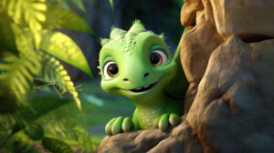 Cute and mischievous green dinosaur peeking out from behind a boulder, its eyes gleaming with playfulness in a delightful setting