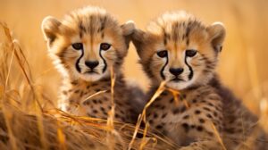 Cute cheetah cubs frolic in the golden grass creating an endearing and heartwarming wildlife wallpaper