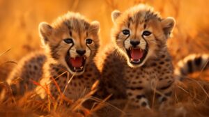 Cute cheetah cubs frolicking joyfully in the lush golden grass creating a heartwarming and endearing scene in the wild perfect for a captivating wildlife wallpaper