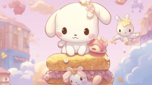 Cute cinnamoroll sitting on a cake pastel wallpaper with pink background