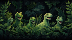 Cute green dinosaurs play hide and seek among lush ferns and trees in this sweet wallpaper