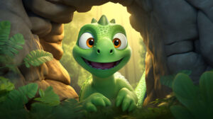 Delightfully charming wallpaper featuring a green dinosaur playfully peering from behind a boulder its eyes gleaming mischievously in a picturesque setting