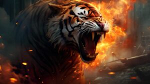 Digital artwork capturing a roaring fire tiger, its fiery mane billowing, and dynamic embers scattering across the scene