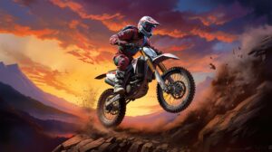 Dirt biker triumphs over a hill as the warm hues of a blazing sky reflect the essence of freedom in this stunning sunset wallpaper