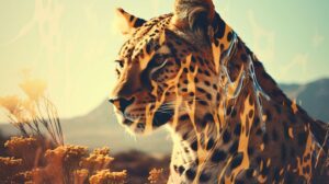 Double exposure of a cheetah and its natural habitat, merging the wild landscape with the powerful creature