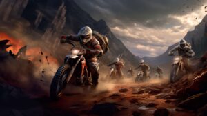 Dynamic and adrenaline fueled a pack of dirt bikers races through challenging terrain in this captivating wallpaper