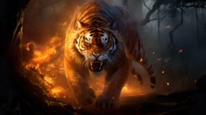 Enraged fire tiger with fiery stripes prowling through a burning forest illuminated against the backdrop a mystical wallpaper