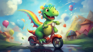 Fantastical journey of a green dinosaur on a scooter amid a world of rainbows clouds and delightful surprises captured in the wallpaper