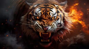 Fierce eyed tiger ablaze with anger commands attention with its fiery presence against a backdrop of swirling flames in this captivating dynamic wallpaper