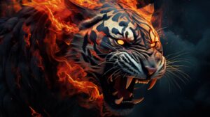 Flaming tiger made with intricate patterns depicted in a surreal composition Enraged Tiger wallpaper