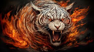 Flaming tiger with intricate patterns appears in a surreal composition a stylized embodiment of rage