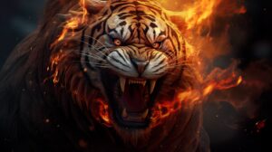 Flaming tiger with intricate patterns captured in a surreal composition forming a stylized wallpaper