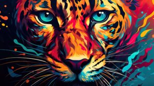 Fluid lines and bold colors combine in an abstract cheetah artwork creating a visually striking wallpaper