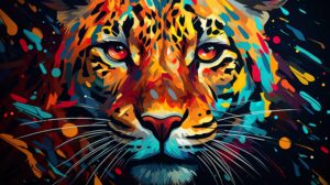 Fluid lines and bold colors meld in this visually striking wallpaper depicting an abstract cheetah artwork