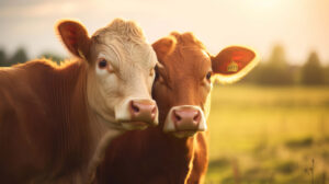 Gentle and social nature of farm animals showcased as two brown cows affectionately nuzzle each other in this wallpaper