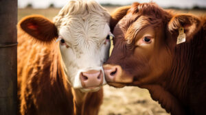 Gentle and social two brown cows showcase their affectionate bond as they nuzzle each other captured in this wallpaper