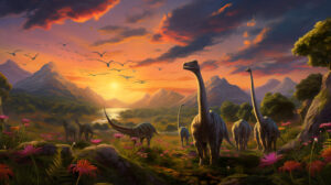 Graceful Brachiosauruses with long necks graze in a lush valley reaching for foliage under a vibrant colorful sky. Wallpaper