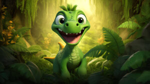 Green dinosaur in adorable cartoon style happily munching on vibrant foliage in a prehistoric paradise wallpaper