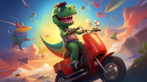 Green dinosaur playfully rides a scooter through a colorful fantasy realm adorned with rainbows clouds and delightful surprises