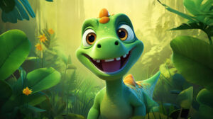 Happy green dino with cute eyes munching on vibrant leaves in prehistoric paradise. wallpaper