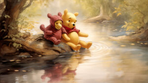 Heartwarming classic wallpaper of Winnie the Pooh and Piglet on an adventurous journey showcasing their enduring bond of friendship