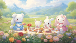Heartwarming illustration of Cinnamoroll and friends sharing a cozy tea party in a charming meadow, surrounded by blooming flowers