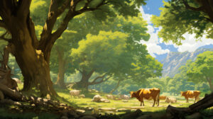 Herd of brown cows peacefully resting under the shade of a tree, conveying a sense of tranquility and pastoral beauty