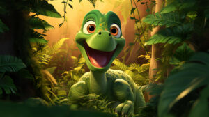 Joyful green dinosaur enjoying lush foliage in a prehistoric utopia with big expressive eyes in a cartoon like style.jpg Wallpaper