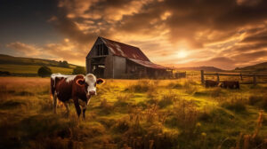 Lone brown cow stands by a rustic barn capturing the charm of a pastoral countryside scene a perfect wallpaper for your device