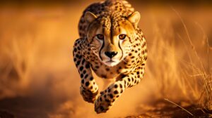 Majestic cheetah sprinting through the savannah, sleek and powerful, with the sun casting long shadows