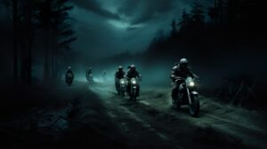 Nighttime dirt bike adventure, with riders navigating through a dark trail illuminated only by their headlights