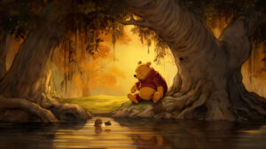 Nostalgic depiction of Winnie the Pooh and Eeyore sharing a quiet moment under a tree, conveying a sense of peace and companionship