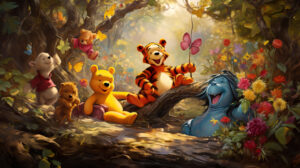 Playful Winnie the Pooh enjoying a sunny day in the Hundred Acre Wood, surrounded by colorful flowers and cheerful friends