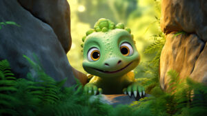 Playful green dinosaur peeks mischievously from behind a boulder its gleaming eyes enchanting in a delightful setting perfect wallpaper