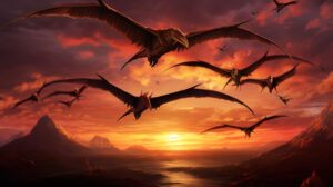 Pterodactyls gracefully extend their wings in an awe inspiring display against the backdrop of a sunset sky in this stunning wallpaper