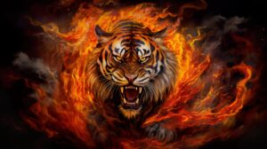 Roaming through an inferno of crimson and gold a fiery tiger emerges with fur ablaze creating a captivating wallpaper
