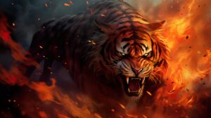 Roaring with fire a tiger emerges amidst billowing fiery manes and dynamic embers scattering across the scene in this captivating wallpaper