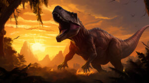 Roaring with power a majestic T Rex commands a prehistoric landscape against a setting sun behind towering ancient trees a powerful wallpaper