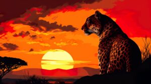 Silhouette of a cheetah at sunset, showcasing its elegant form against a warm and vibrant sky