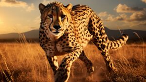 Sleek and powerful the majestic cheetah sprints through the savannah casting long shadows with the sun as its backdrop in this captivating wallpaper
