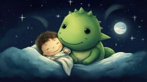 Snuggled beneath a starry night sky a green dinosaur and its dino plushie radiate warmth and comfort in an endearing wallpaper