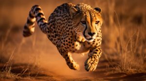 Sprinting through the savannah the cheetahs majestic form glides radiating power and strength with the sun casting long shadows. 192 characters