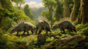 Stegosaurus family featuring distinctively plated back spiked tail set against fern covered hills backdrop perfect wallpaper