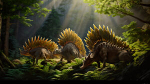 Stegosaurus kin amidst fern covered hills sporting its iconic plated back and spiked tail grace this wallpaper
