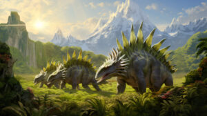Stunning wallpaper showcasing a Stegosaurus family scene featuring their iconic plated back and spiky tail set against fern covered hills