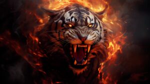 Stylized portrayal of an enraged tiger made of flames, featuring intricate patterns in a surreal composition