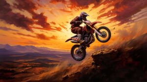 Sunset scene with a dirt biker conquering a hill, the sky ablaze with warm hues, reflecting the spirit of freedom