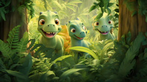 Sweet wallpaper featuring a group of cute green dinosaurs engaged in a friendly game of hide and seek among lush ferns and trees
