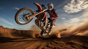 Thrilling dirt bike jump captured with suspended dirt particles creating an action packed off road riding wallpaper